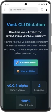 Aperçu de l'interface mobile du site de présentation de Vosk-CLI-Dictation